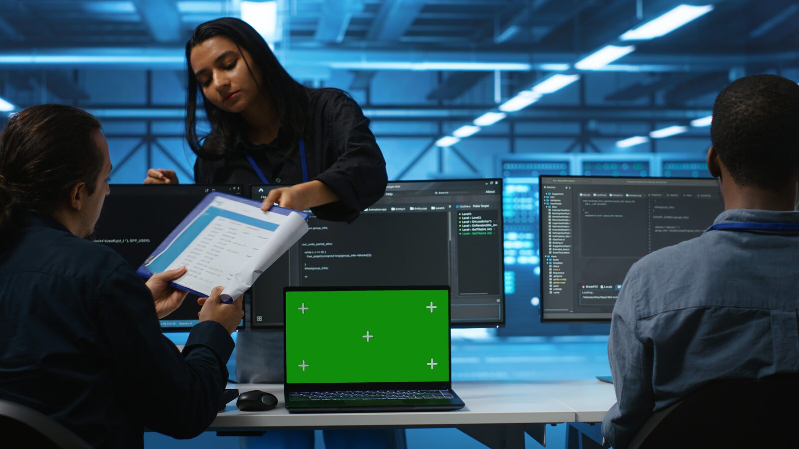 Equipo técnico revisando implementación en pantallas