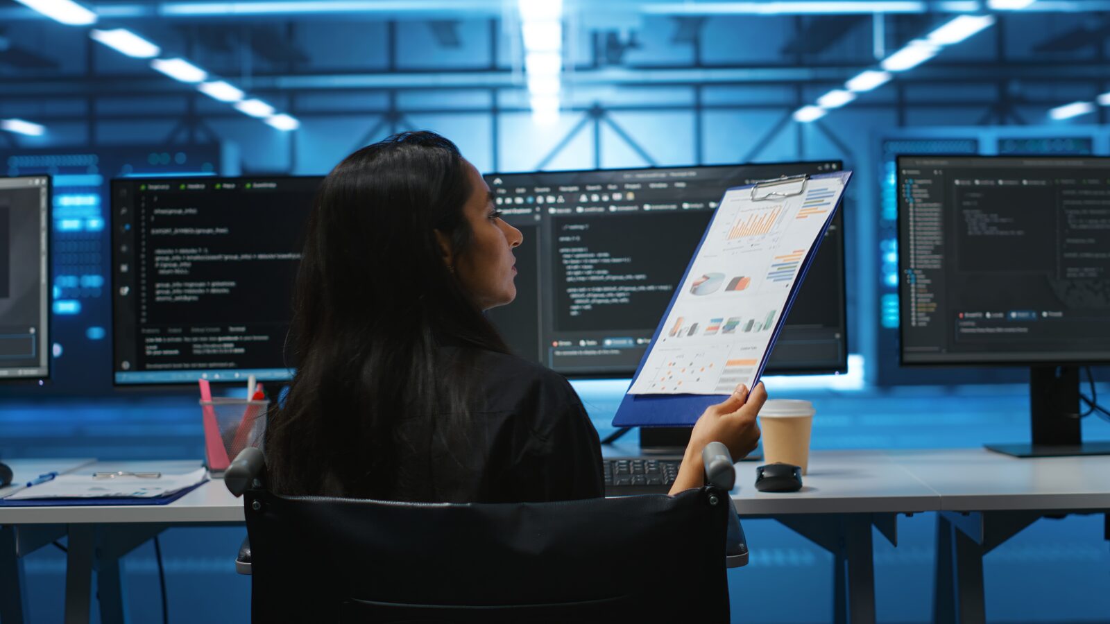 Analista revisando reportes de monitoreo continuo